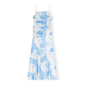 Ganni Printed Satin Ruched Long Slip Dress - Powder Blue 34