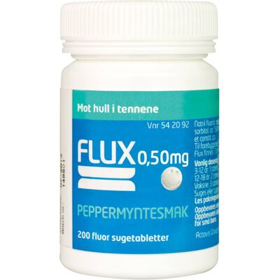 Flux Fluortabletter 0,50mg peppermyntesmak, 200 stk. Flux Fluortabletter 0,50mg peppermyntesmak, 200 stk.