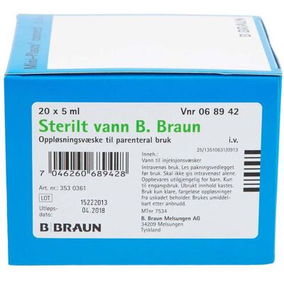 Braun Sterilt vann (til injeksjon), 20 x 5 ml Braun Sterilt vann (til injeksjon), 20 x 5 ml