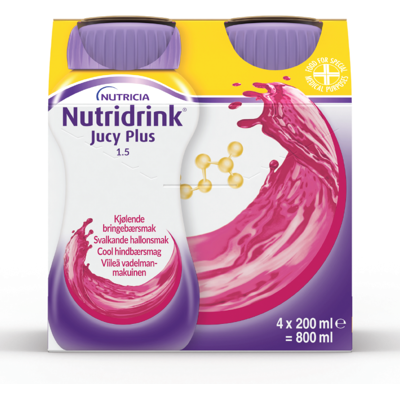 Nutridrink Jucy Plus Næringsdrikk, Kjølende bringebær, 4x200 ml Nutridrink Jucy Plus Næringsdrikk, Kjølende bringebær, 4x200 ml