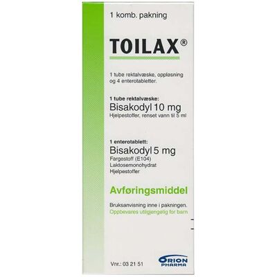 Toilax 5 mg tabletter + 10 mg/5 ml rektalvæske, 4 stk. + 1 stk. Toilax 5 mg tabletter + 10 mg/5 ml rektalvæske, 4 stk. + 1 stk.