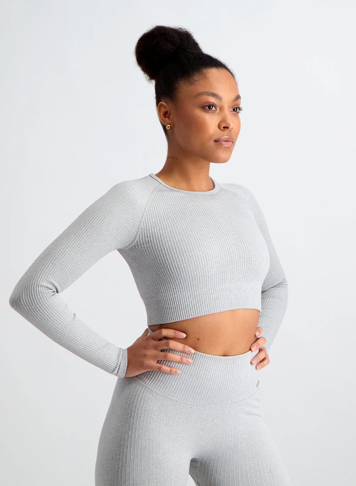 Aimn Light Grey Melange Ribbed Crop Long Sleeve  XL