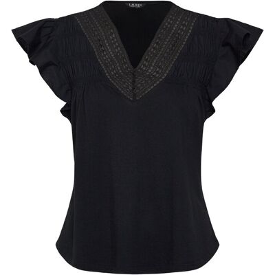 Lauren Ralph Lauren Lace-Trim Jersey Flutter-Sleeve Tee M Black M Lauren Ralph Lauren Lace-Trim Jersey Flutter-Sleeve Tee M Black M