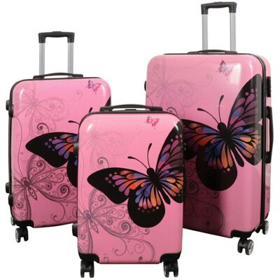Borg Living Koffertsett - 3 stk. - Koffert med motiv - Rosa sommerfugl - Hardcase lettvektskoffert med 4 hjul Borg Living Koffertsett - 3 stk. - Koffert med motiv - Rosa sommerfugl - Hardcase lettvektskoffert med 4 hjul