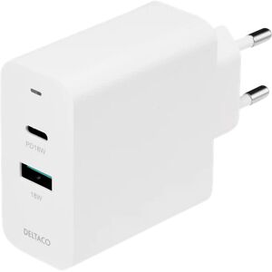 Deltaco Usb Wall Charger With Dual Ports And Pd, 1x Usb-A, 1x Usb-C, Pd, 36w, White