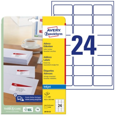 Avery J8159-25 Adresseetiketter 63.5 X 33.9 Mm Hvit Hvit Avery J8159-25 Adresseetiketter 63.5 X 33.9 Mm Hvit Hvit
