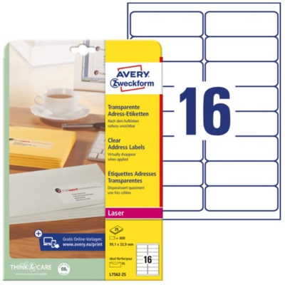 Avery L7562-25 Adresseetiketter 99,1 X 33,9 Mm Transparent Gjennomsiktig Avery L7562-25 Adresseetiketter 99,1 X 33,9 Mm Transparent Gjennomsiktig