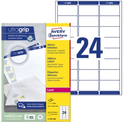 Avery L7159-100 Adresseetiketter 63,5 X 33,9 Mm Hvit Hvit Avery L7159-100 Adresseetiketter 63,5 X 33,9 Mm Hvit Hvit