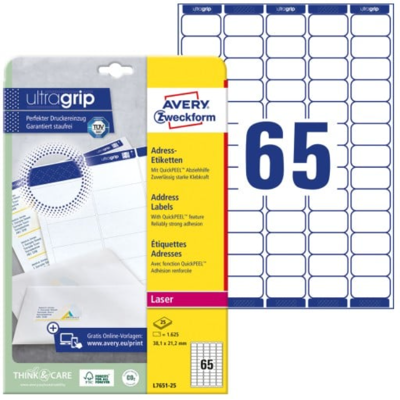 Avery L7651-25 Små Adresseetiketter 38.1 X 21.2 Mm Hvit Hvit Avery L7651-25 Små Adresseetiketter 38.1 X 21.2 Mm Hvit Hvit