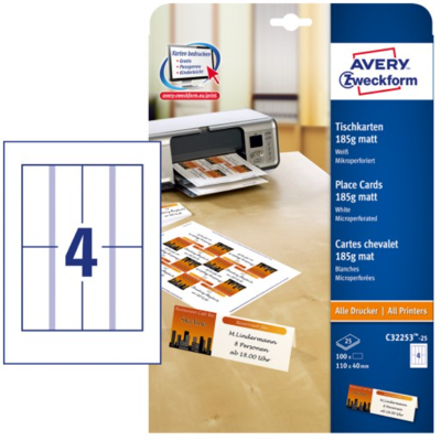Avery Hvite Mikroperforerte Bordkort - 110x40mm - Pakke med 100 Avery Hvite Mikroperforerte Bordkort - 110x40mm - Pakke med 100