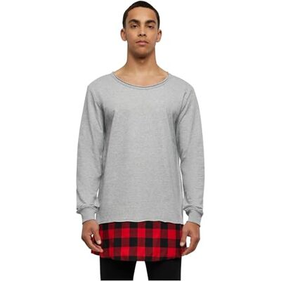 Urban Classics Men's Long Flannel Bottom Open Edge Crew Neck, Grey/Blk/Red, M Urban Classics Men's Long Flannel Bottom Open Edge Crew Neck, Grey/Blk/Red, M