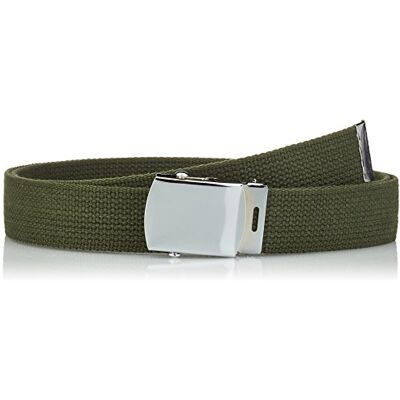 Mil-Tec Olive Green, 100% cotton webbing US trouser belt with silver coloured metal buckle. Mil-Tec Olive Green, 100% cotton webbing US trouser belt with silver coloured metal buckle.