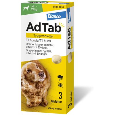 AdTab 450 mg tyggetabletter for hunder 11-22 kg - 3 tabletter - medisin AdTab 450 mg tyggetabletter for hunder 11-22 kg - 3 tabletter - medisin