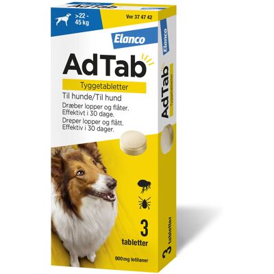 AdTab - Hunder >22-45 kg 900 mg - 3 stk - OTC, apotekforbeholdt - Tyggetabletter til hunder AdTab - Hunder >22-45 kg 900 mg - 3 stk - OTC, apotekforbeholdt - Tyggetabletter til hunder