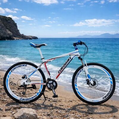 Eurobike Mountain Bike 27,5 " - Sykkel Med 21 Gir - Blå Og Hvit Eurobike Mountain Bike 27,5 " - Sykkel Med 21 Gir - Blå Og Hvit
