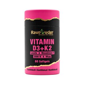 Rawpowder Vitamin D3 2500 IE + K2 80µg 60 tabletter Rawpowder Vitamin D3 2500 IE + K2 80µg 60 tabletter