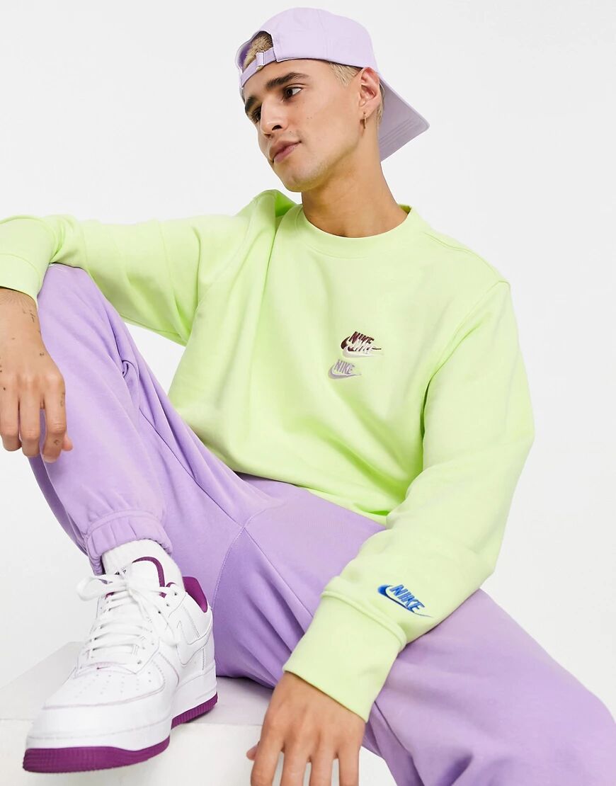 Nike Essential fleece+ multi logo crew neck sweatshirt in lemon-Yellow  Yellow