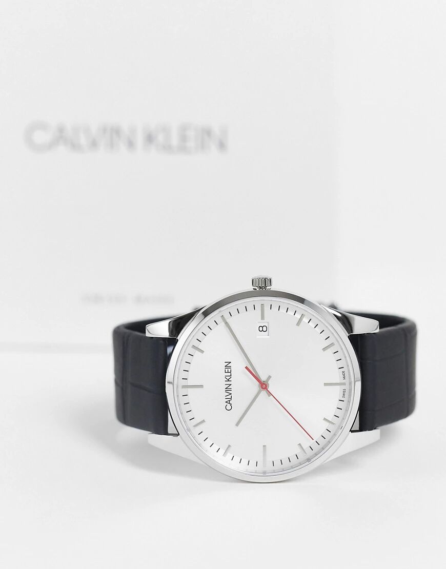 Calvin Klein textured leather strap watch in black  Black