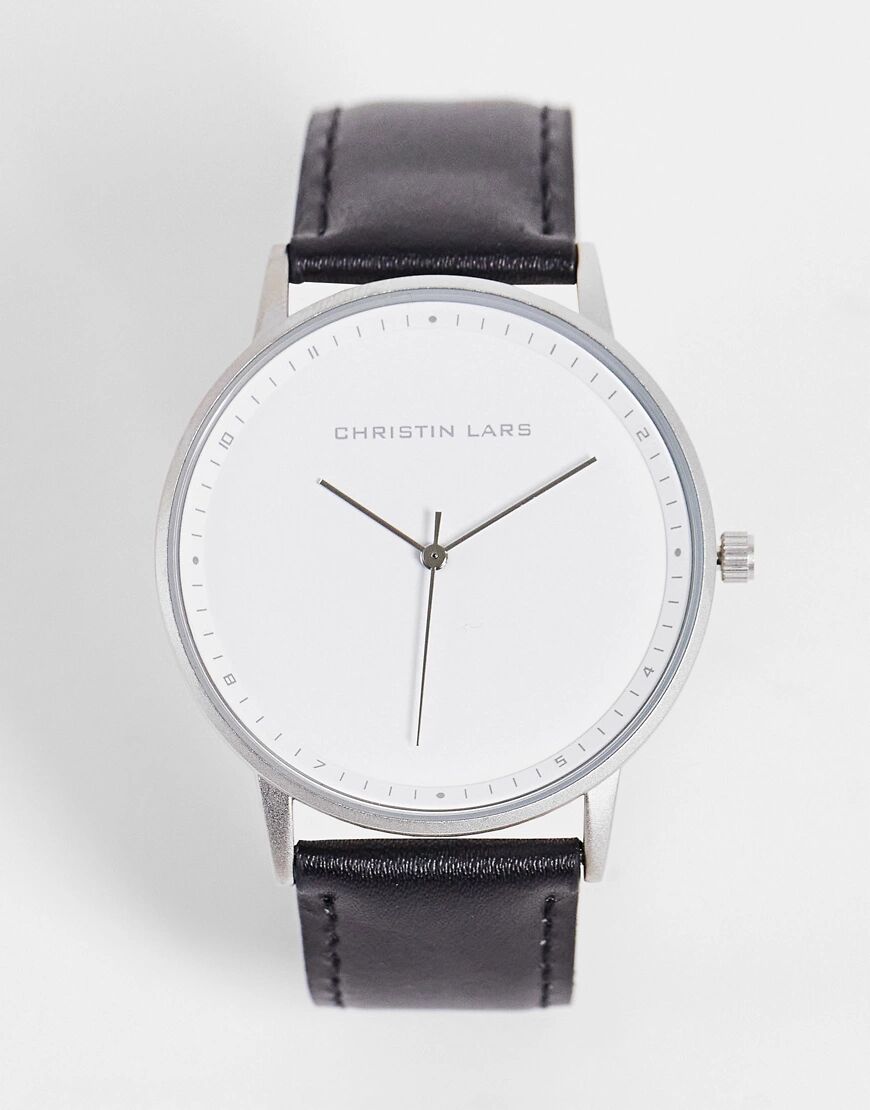 Christin Lars Christian Lars Mens minimal watch with leather strap in black-Silver  Silver