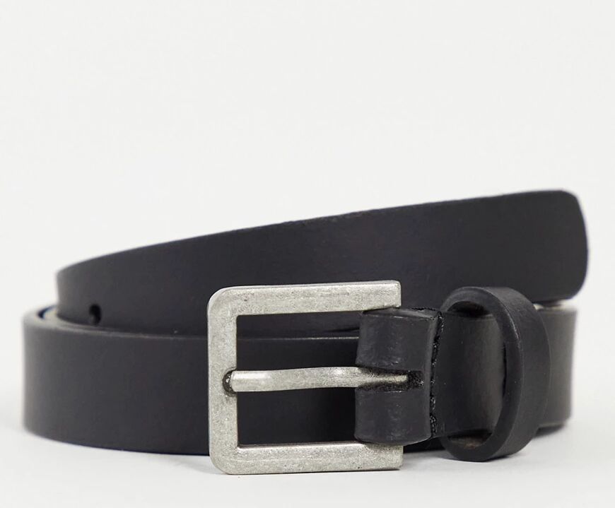 ASOS DESIGN leather skinny belt in black with silver buckle  Black