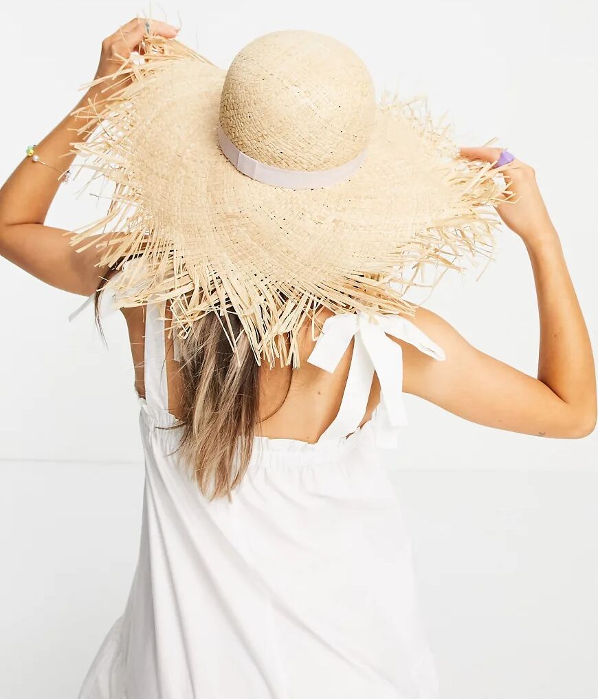 ASOS DESIGN straw raw edge floppy hat with size adjuster in natural-Brown  Brown