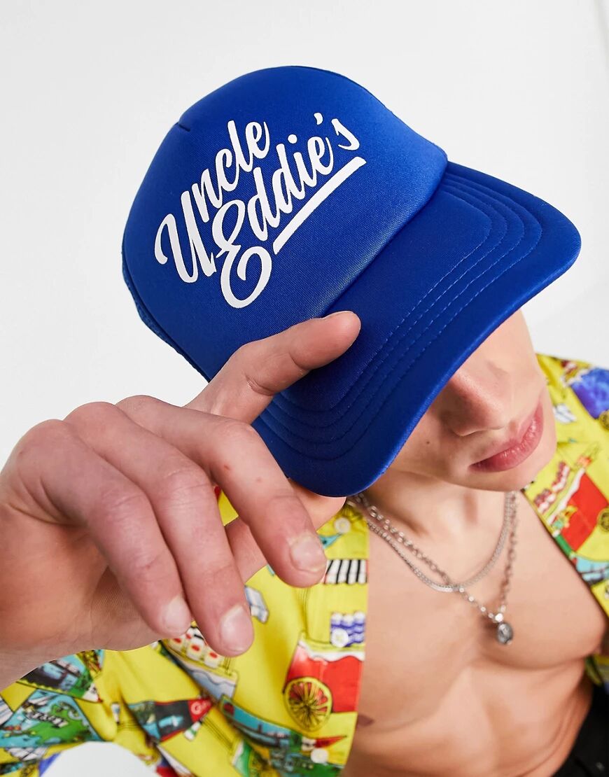 ASOS DESIGN trucker cap in blue with text print  Blue