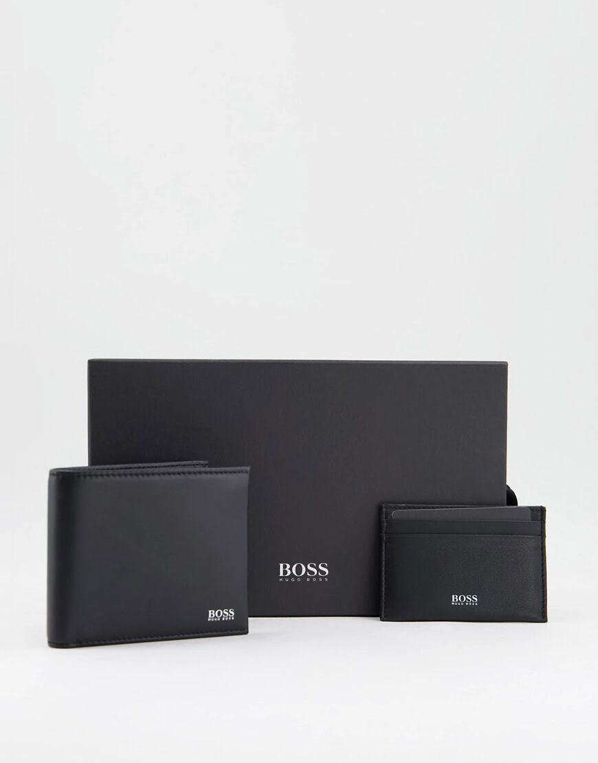 BOSS leather wallet and card holder gift set in black  Black