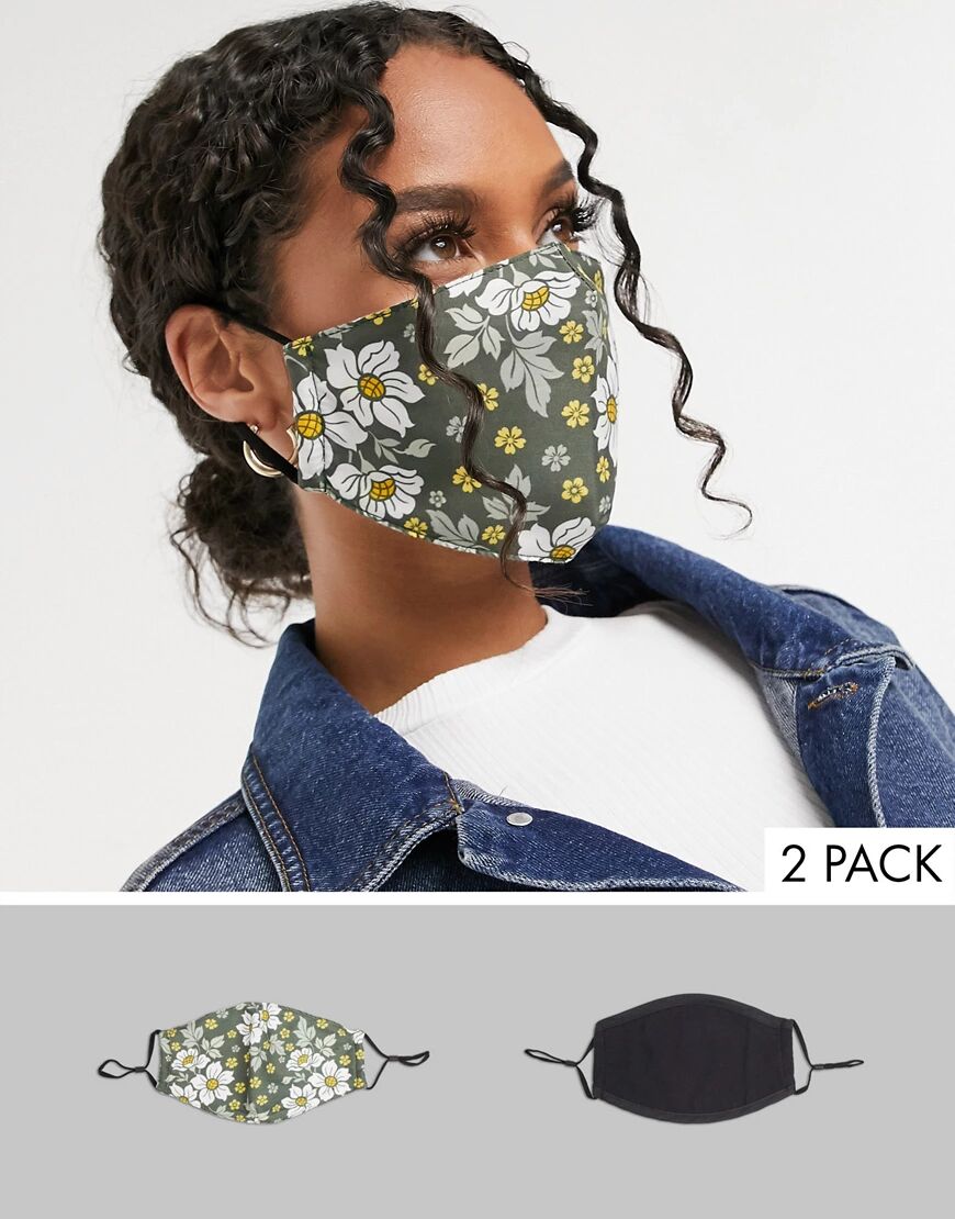 DesignB London 2 pack face covering with adjustable straps in black and floral print-Multi  Multi