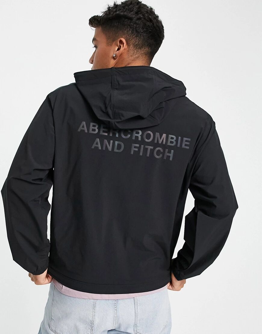 Abercrombie & Fitch reflective back logo print hooded rain jacket in black  Black