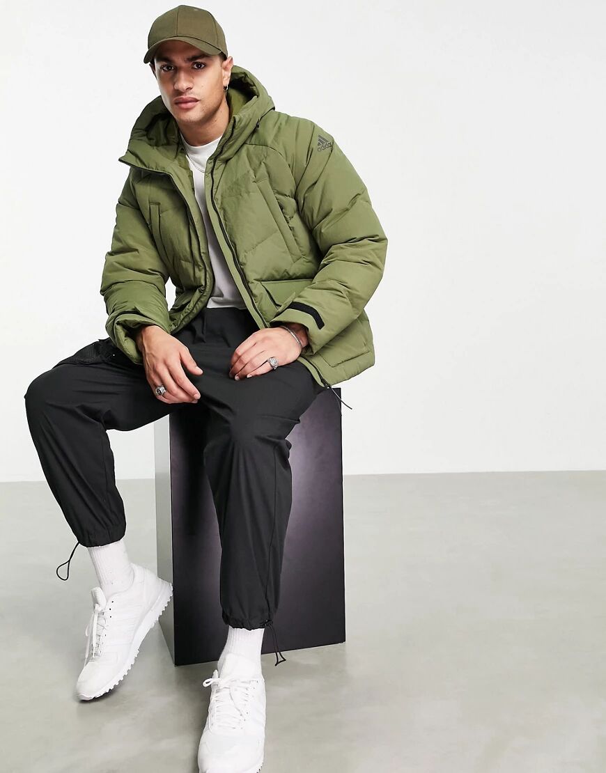 adidas performance adidas Outdoor premium down jacket with pockets in khaki-Green  Green