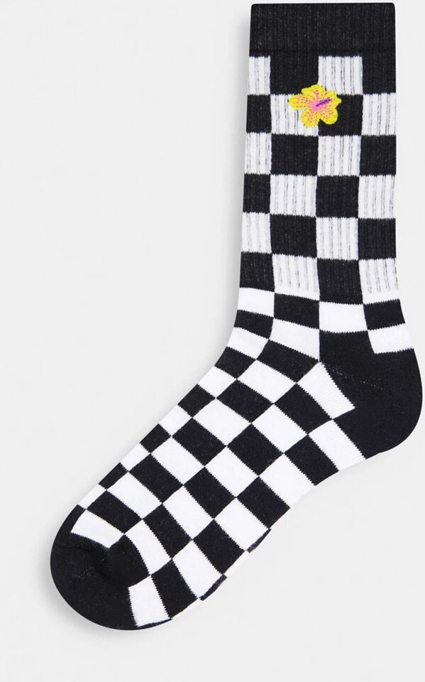 ASOS DESIGN checkerboard sports sock with floral embroidery-Multi  Multi