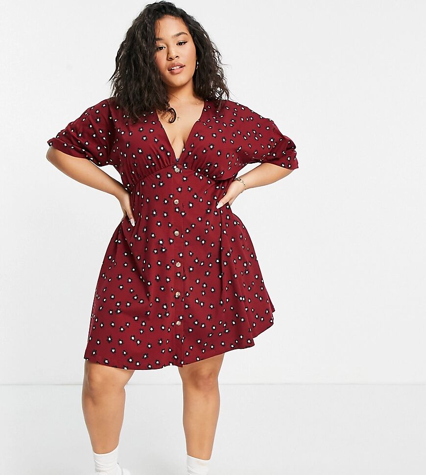 ASOS Curve ASOS DESIGN Curve tea dress with horn buttons in burgundy base floral-Purple  Purple