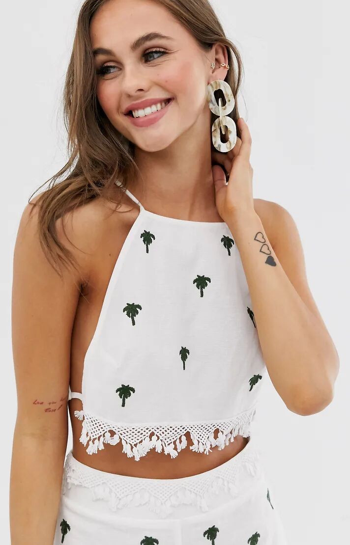 ASOS DESIGN premium beach cami with palm tree embroidery & crochet trim co-ord-White  White