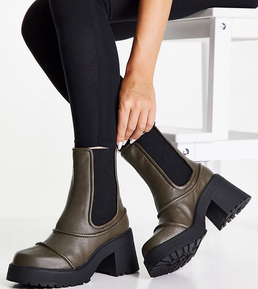 ASOS DESIGN Wide Fit Reason chunky mid-heel boots in khaki-Green  Green