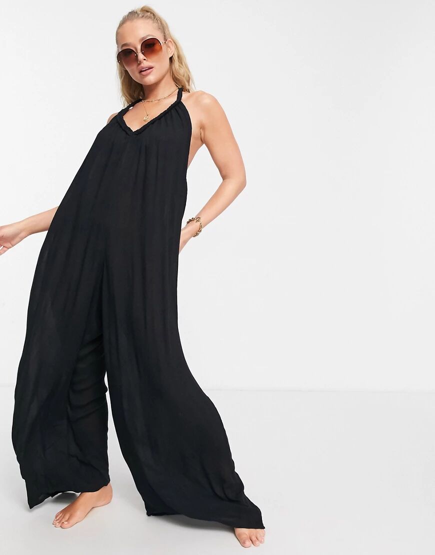 ASOS DESIGN wide leg crinkle beach jumpsuit with plait detail in black  Black