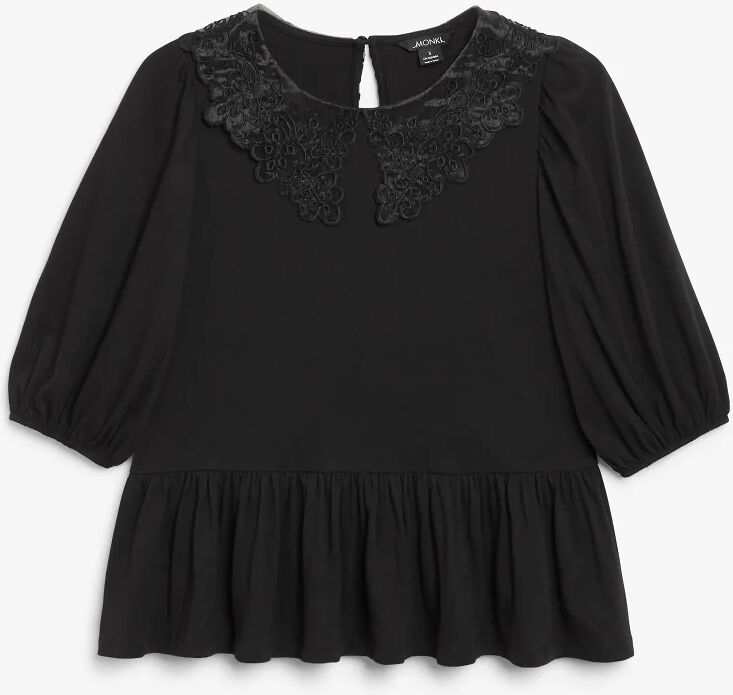 Monki Martha organic cotton top with organza collar in black  Black