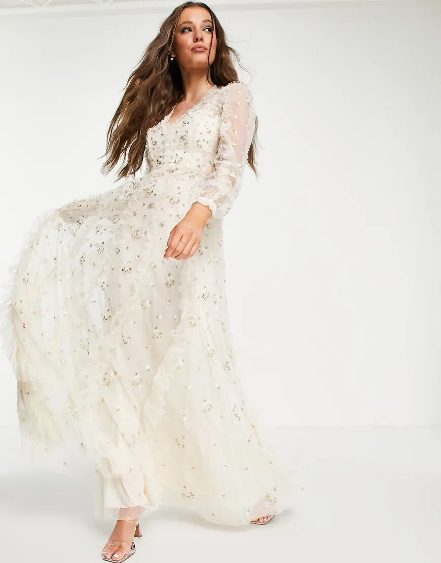 Needle & Thread Bridal Frieda Ditsy maxi dress with floral embroidery in ivory-White  White