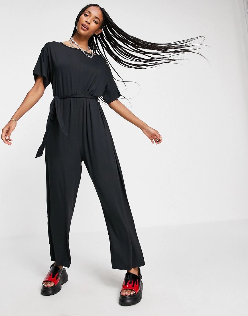 Noisy May tie waist jumpsuit in black  Black