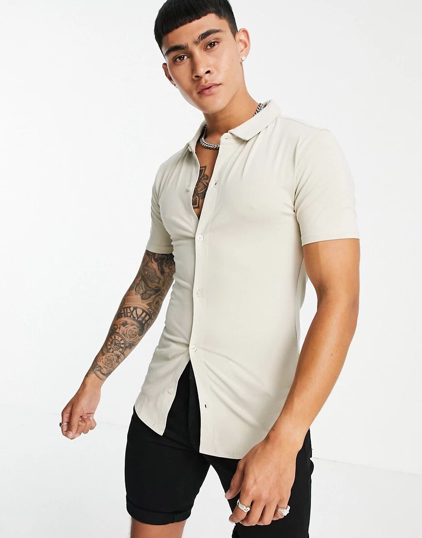 Soul Star short sleeve muscle fit jersey shirt in stone-Neutral  Neutral