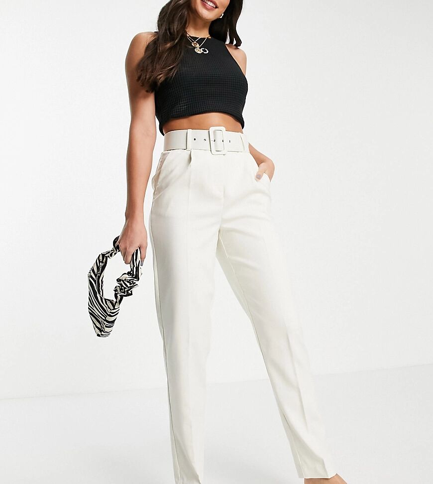 Vero Moda Tall crop pleated trouser with belted waist in cream-White  White