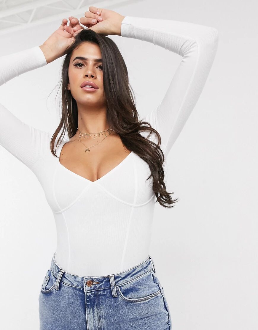 ASOS DESIGN rib bodysuit with bust seams and long sleeve in white  White