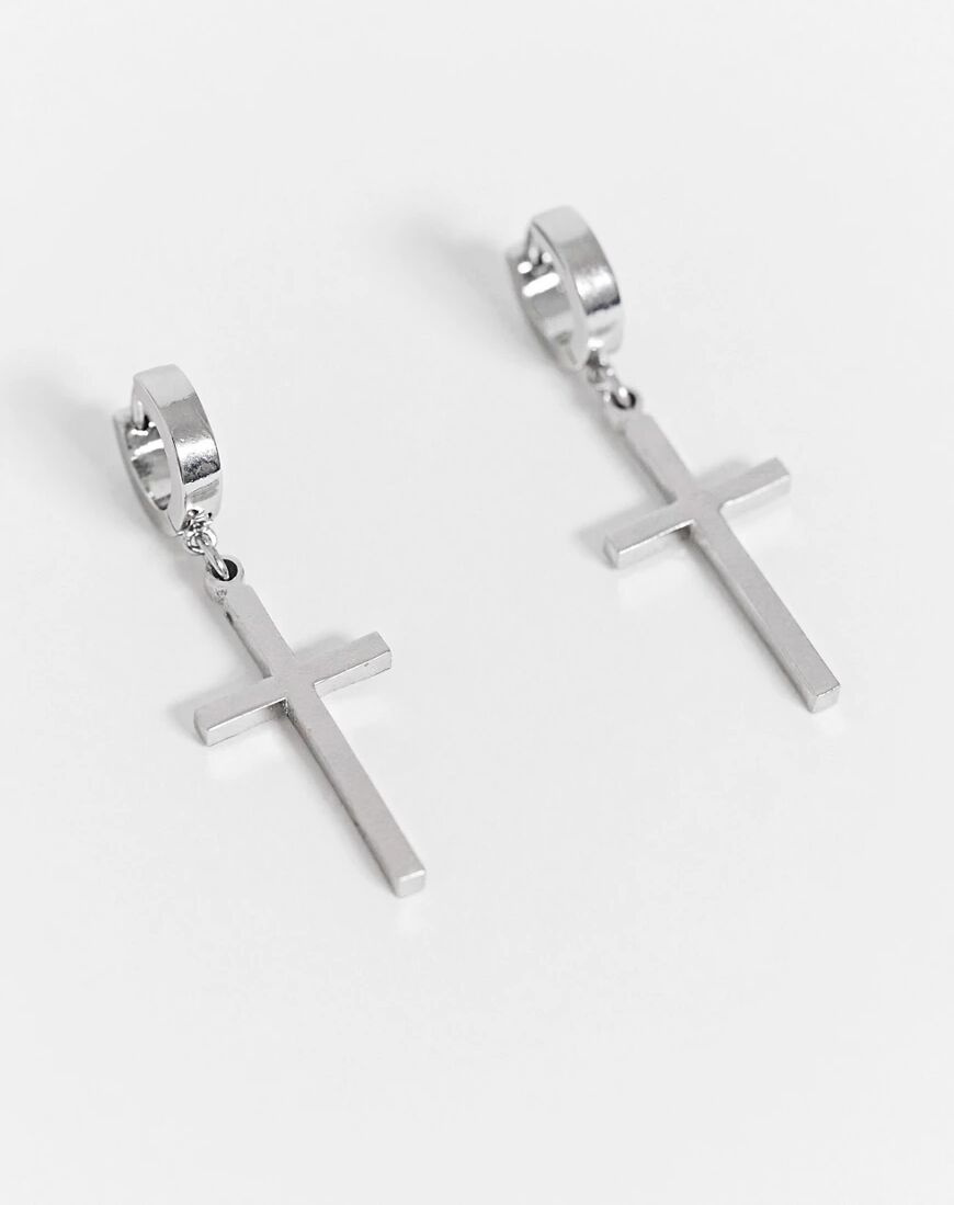 ASOS DESIGN 7mm hoop earrings with cross charms in silver tone  Silver