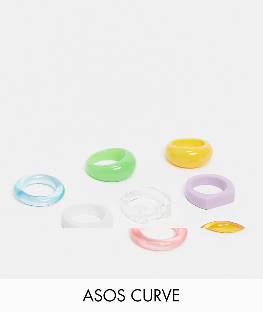 ASOS Curve ASOS DESIGN Curve pack of 8 mixed colourful rings in plastic-Multi  Multi