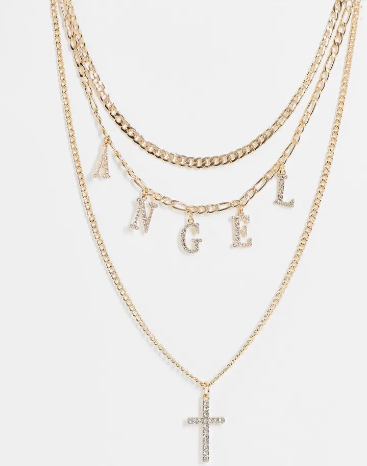 ASOS DESIGN multirow necklace with angel and cross pendants in gold tone  Gold