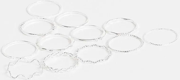 ASOS DESIGN pack of 12 rings with twist details and engraved designs in silver tone  Silver