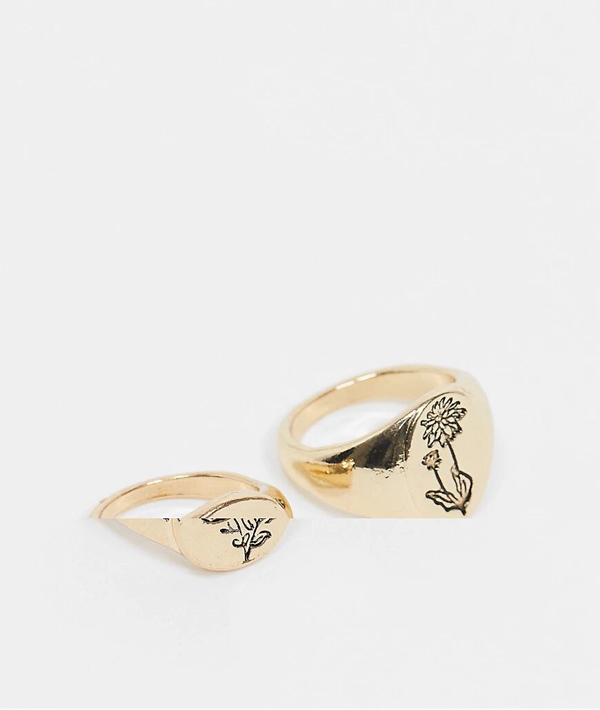 ASOS DESIGN pack of 2 rings with flower detail in gold tone  Gold