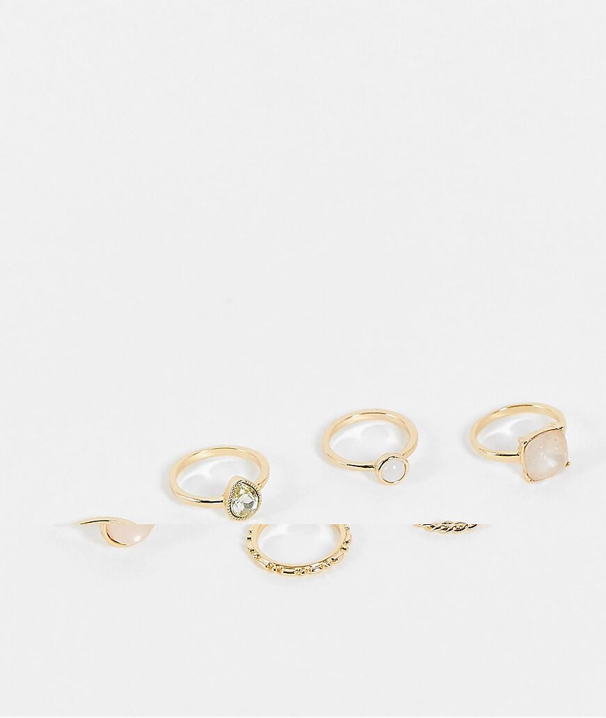 ASOS DESIGN pack of 6 rings with pastel coloured stones in gold tone  Gold