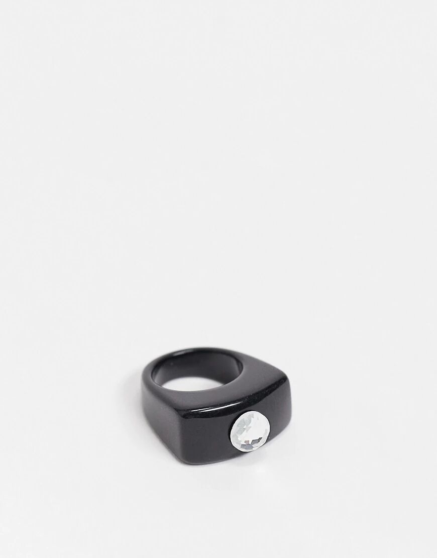 ASOS DESIGN ring in black plastic with clear crystal  Black