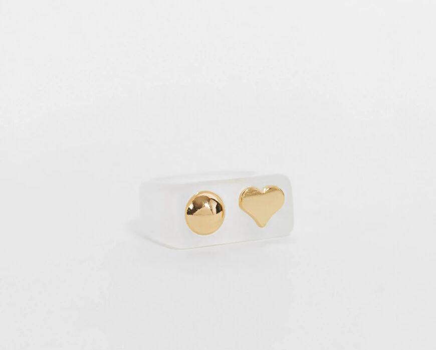 DesignB London resin ring with gold ball and heart in white  White