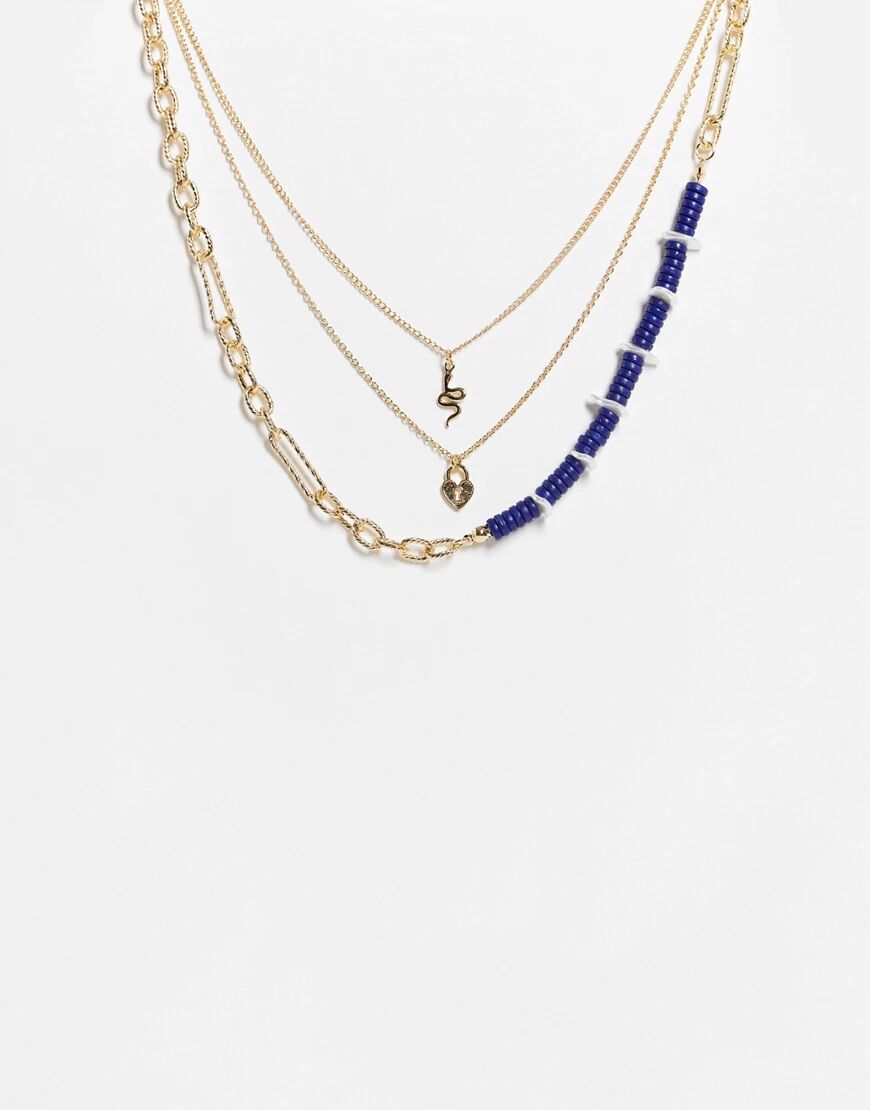 Liars & Lovers snake and heart padlock multi row beaded necklace in gold and blue  Gold
